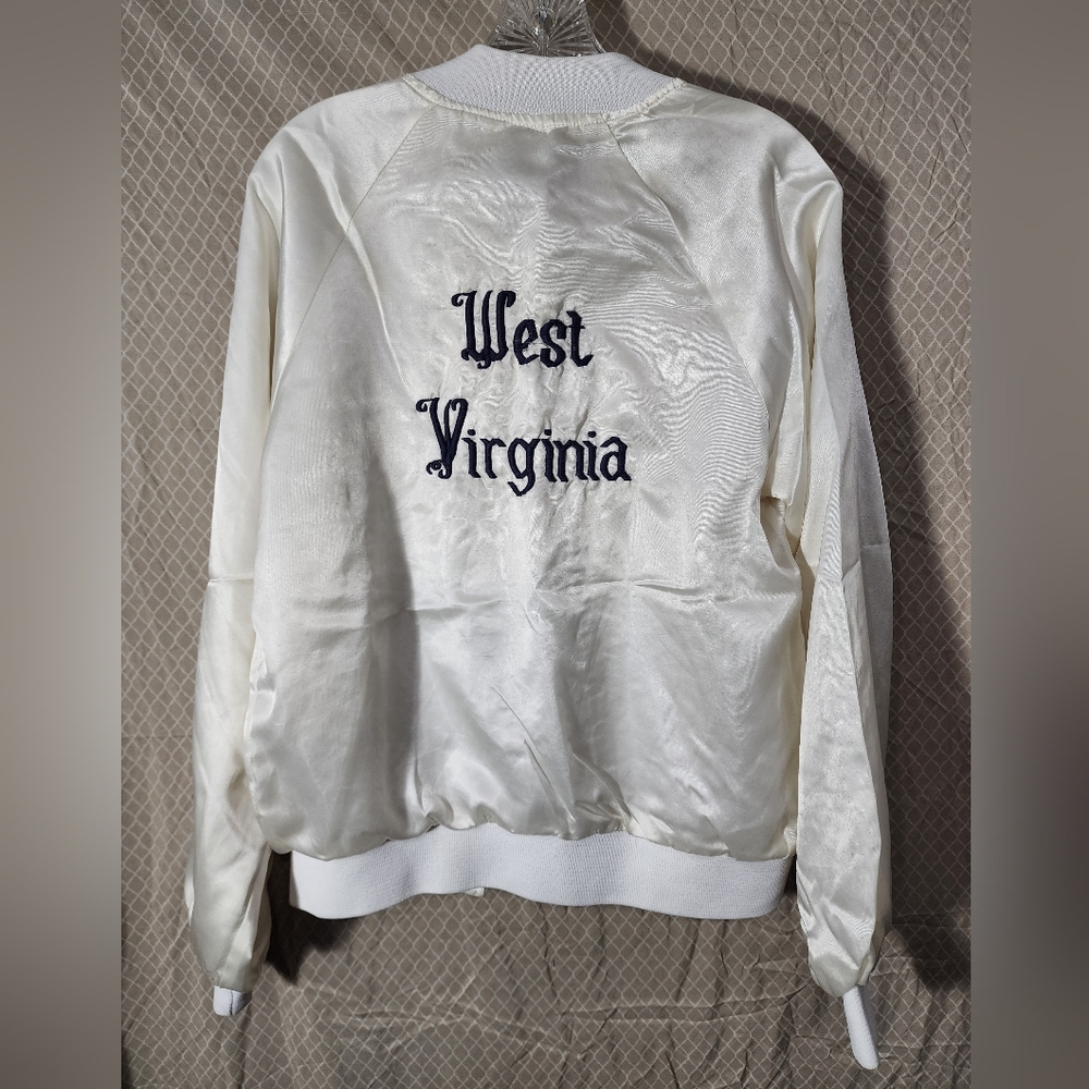 Vintage West Virginia White Satin Snap Front Jacket Women's Small